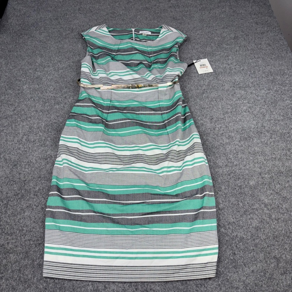 Calvin Klein Sheath Dress Womens 12 Teal Green Striped Belted Sleeveless Office